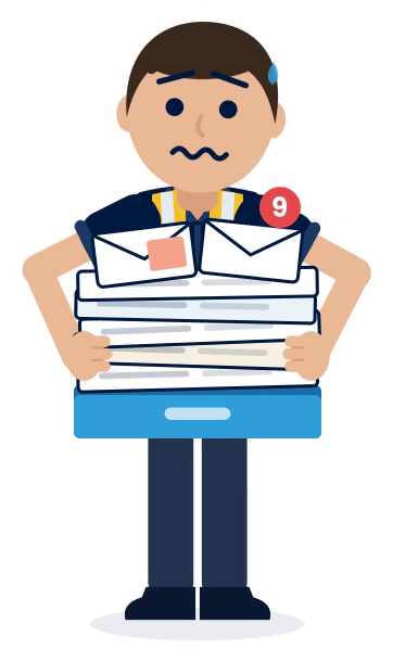 Illustratie van een werkvoorbereider met een stapel papierwerk en mail